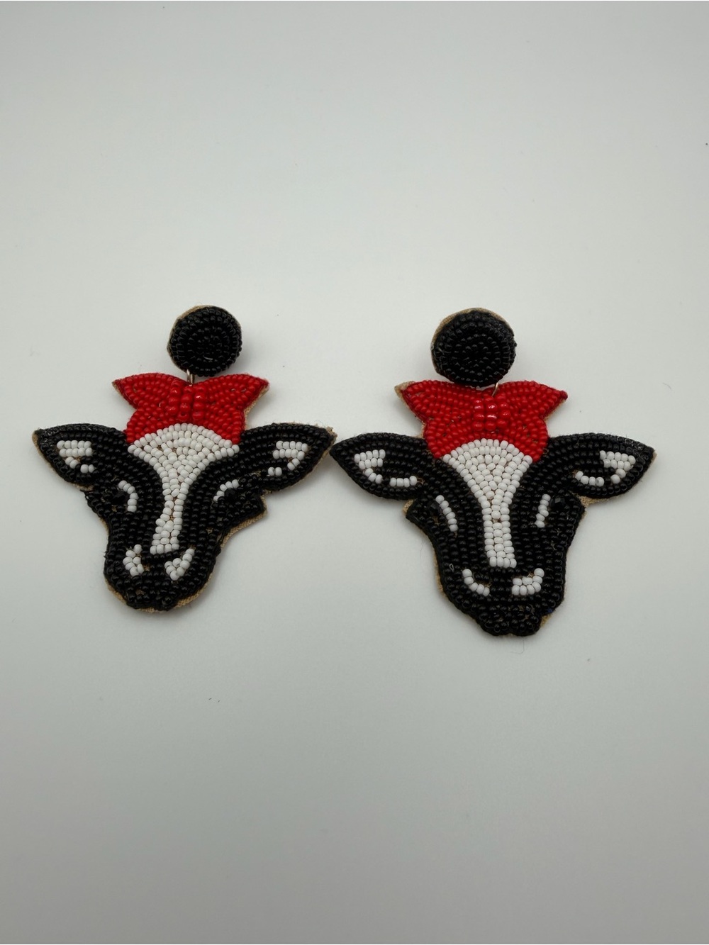 Handmade Beaded Cow Head Statement Earrings Red Black White Western Boho